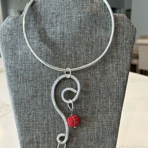 Silver Swirl Choker Necklace with Red Accent